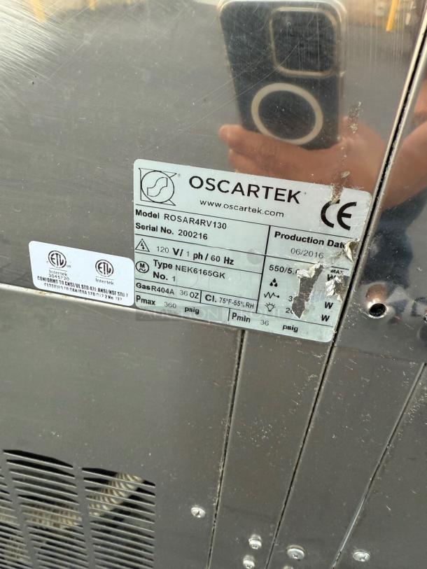 Alt text: Oscartek ROSAR4RV130 label showing model, serial number 200216, production date 06/2016, and electrical specifications.