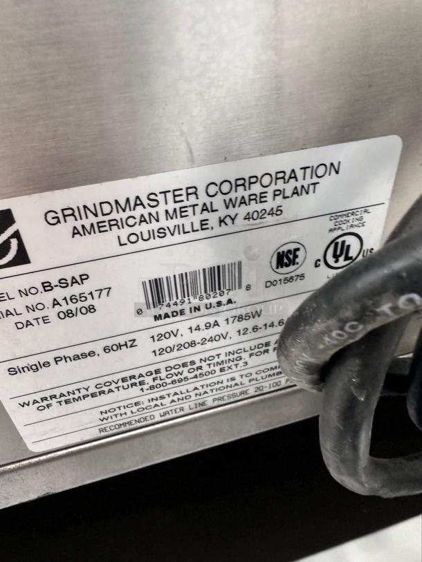 Grindmaster PrecisionBrew B-SAP coffee brewer label, model B-SAP, serial A165177, 120V/208-240V, excellent condition.