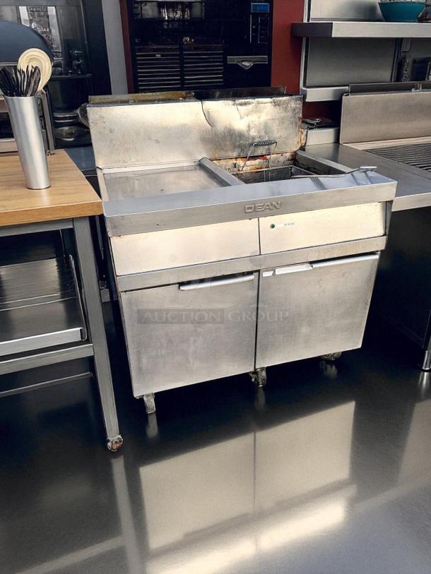 Dean Commercial Fryer with Griddle, 42" gas unit, excellent condition, tested, Custom Combo model, stainless steel finish.