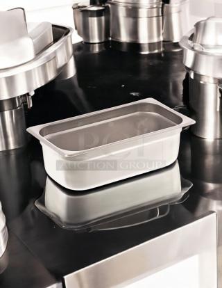 Brand new Browne Foodservice anti-jam steam pan, 1/3” size, 4” deep, model 22134. Stainless steel, pristine condition.