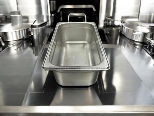Brand new Browne Foodservice Anti-Jam Steam Pan, 1/3 size, 4" deep, model 22134, stainless steel.