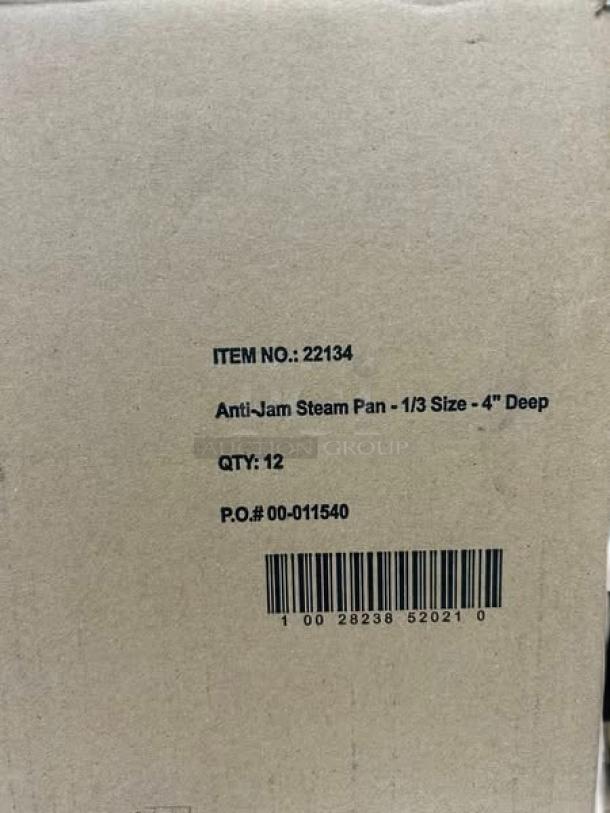 Brand new Browne Foodservice anti-jam steam pan, 1/3 size, 4" deep. Model 22134. Packaging shows item, quantity, and barcode.
