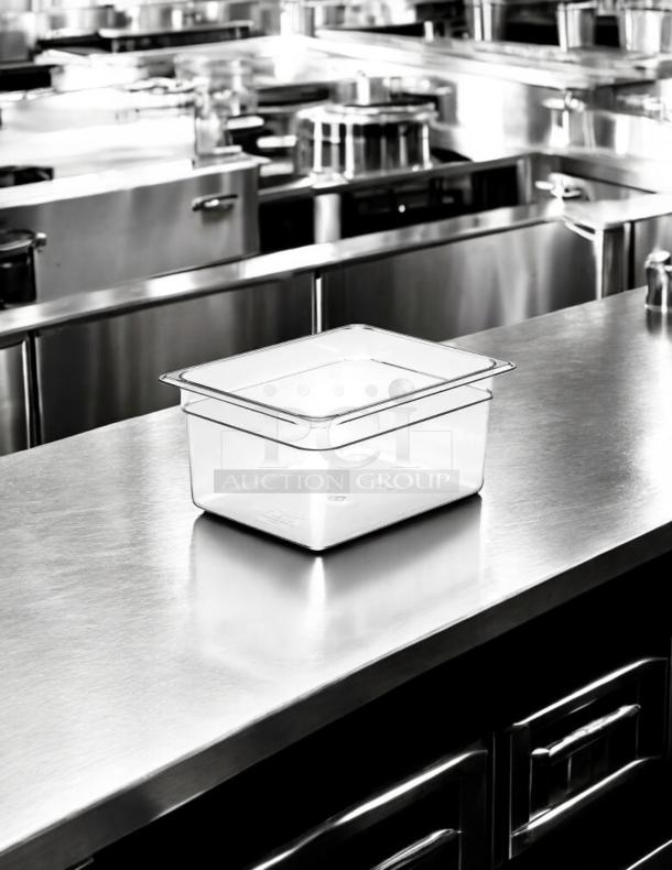 Cambro 26CW135 Camwear 1/2 Size 6in Deep Polycarbonate Food Pan in great condition on a stainless steel surface.