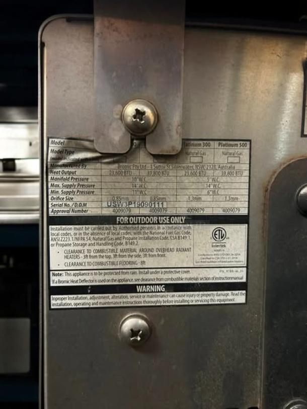 Bromic Heating BH011-500 Platinum Smart-Heat gas patio heater label showing model, type, and installation warnings.