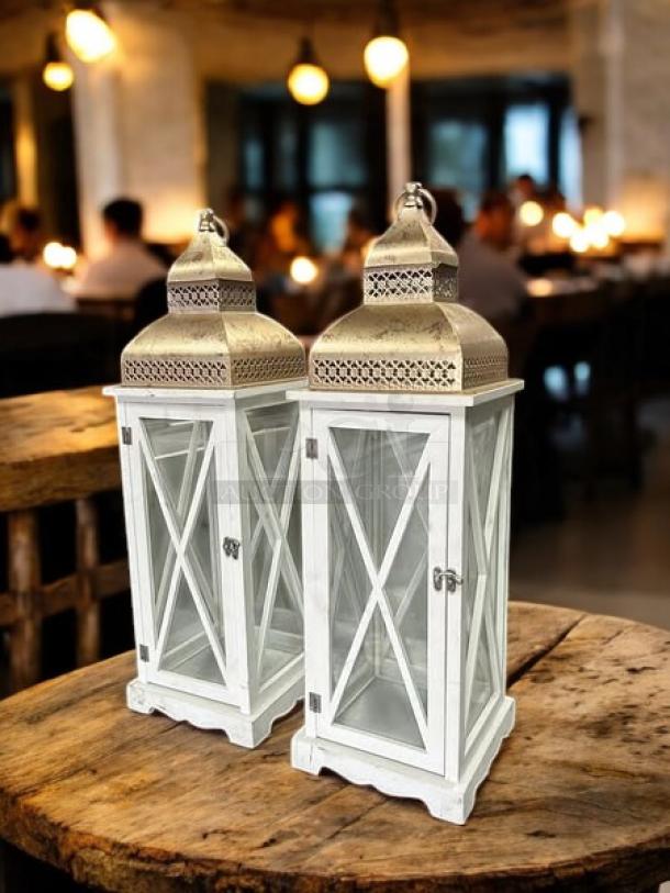 Dockery Farmhouse Lanterns, white wood with metal tops, fully tested, excellent condition, distinctive crossbar design.