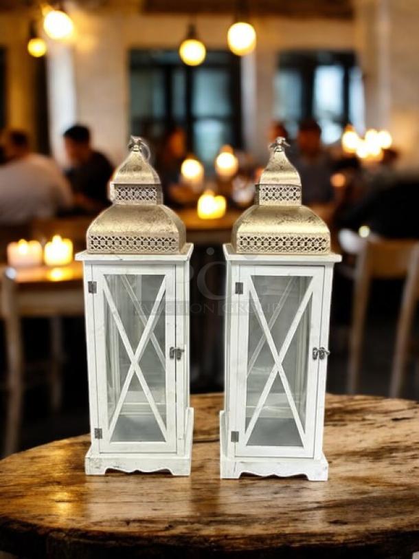 Dockery Farmhouse Lantern in awesome condition; white wood with glass panels, decorative metal top, fully tested and working.