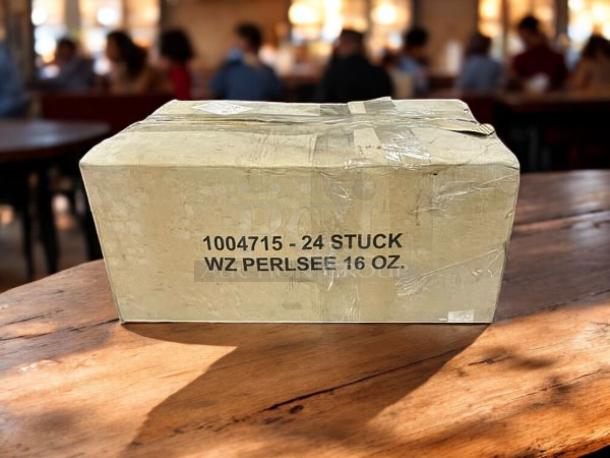 Box of 24 Widmer Brothers 16 oz. Classic Limited Edition Weizen Hefeweizen pilsner glasses. Marked "WZ PERLSEE 16 OZ."