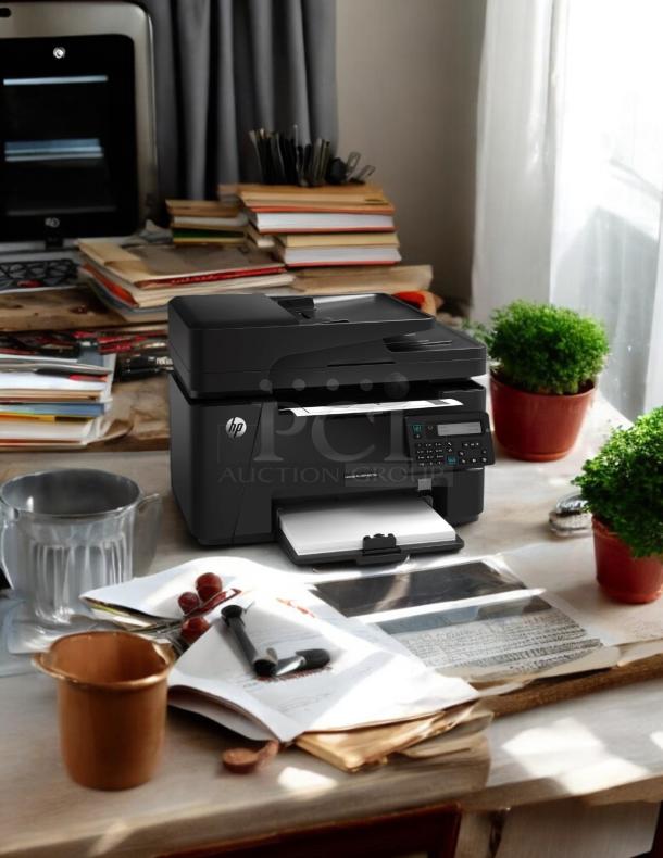 HP Laserjet Pro M127fn all-in-one monochrome printer in excellent condition on a desk; model CZ181A is fully tested and operational.