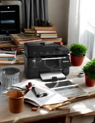HP Laserjet Pro M127fn all-in-one monochrome printer in excellent condition on a desk; model CZ181A is fully tested and operational.
