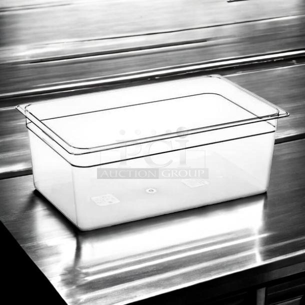 Clear Cambro 18CW135 Camwear® food pan, 8" deep, polycarbonate, full size, excellent condition, fully tested, valuable kitchenware.