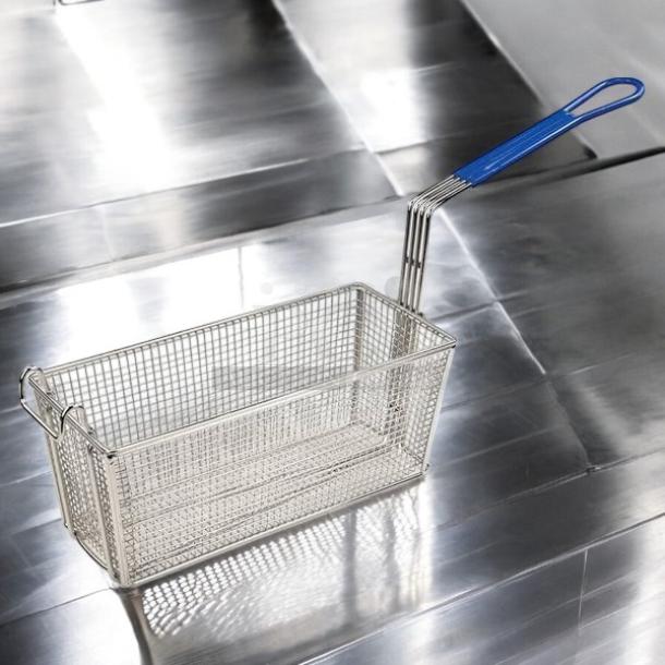 Brand new Winco FB-20 fry basket, 13-1/4" x 5-3/4" x 5-5/8", blue handle, stainless steel, ideal for commercial use.