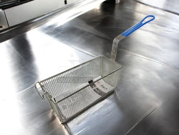 Brand new Winco FB-20 fry basket, 13-1/4" x 5-3/4" x 5-5/8", with blue handle, ideal for commercial kitchens.