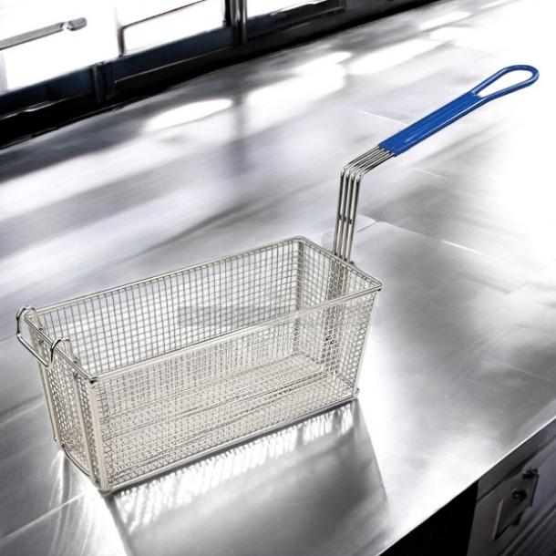 Brand new Winco FB-20 fry basket, 13-1/4" x 5-3/4" x 5-5/8", with blue handle, stainless steel construction.