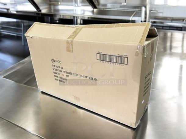 New Winco FB-20 fry basket in a sealed box. Dimensions: 13-1/4" x 5-3/4" x 5-5/8". Features a blue handle.
