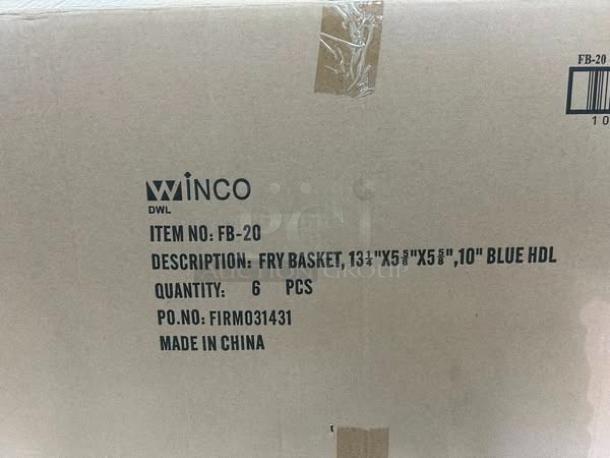 Brand new Winco FB-20 fry basket, 13-1/4" x 5-3/4" x 5-5/8" with blue handle, in original packaging. Quantity: 6. Made in China.