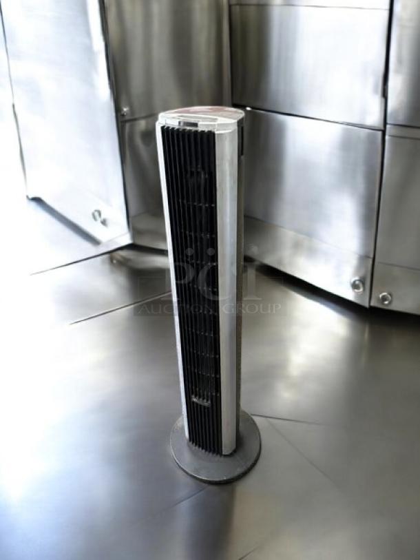 Bionaire 40-inch black/silver tower fan, 3-speed, excellent condition, fully tested, sleek design.