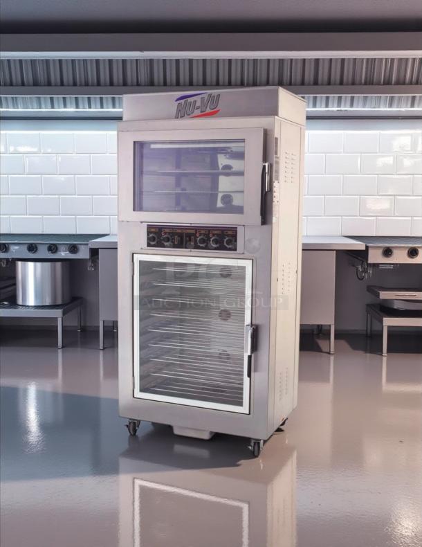 NuVU SUB-123P double deck electric oven proofer combo, 120/240V, 3 phase, stainless steel, tested and working, on casters.