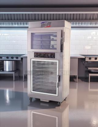 NuVU SUB-123P double deck electric oven proofer combo, 120/240V, 3 phase, stainless steel, tested and working, on casters.
