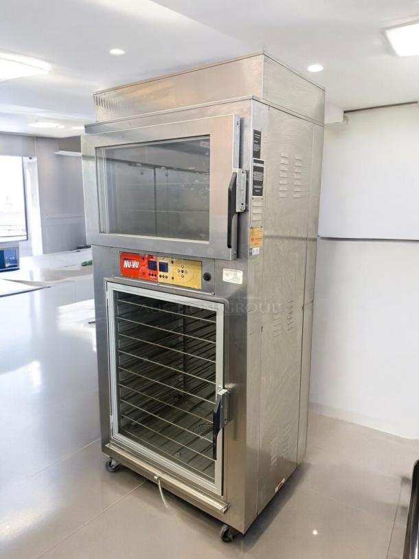 NuVU Model SUB-123P Double Deck Electric Oven Proofer Combo, stainless steel, tested, working, with control panel and vents.