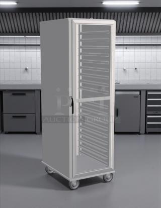 Lockwood CA72-RR18-CD-R clear door display cabinet, 18 pan capacity, rolling wheels, sturdy and reliable condition.