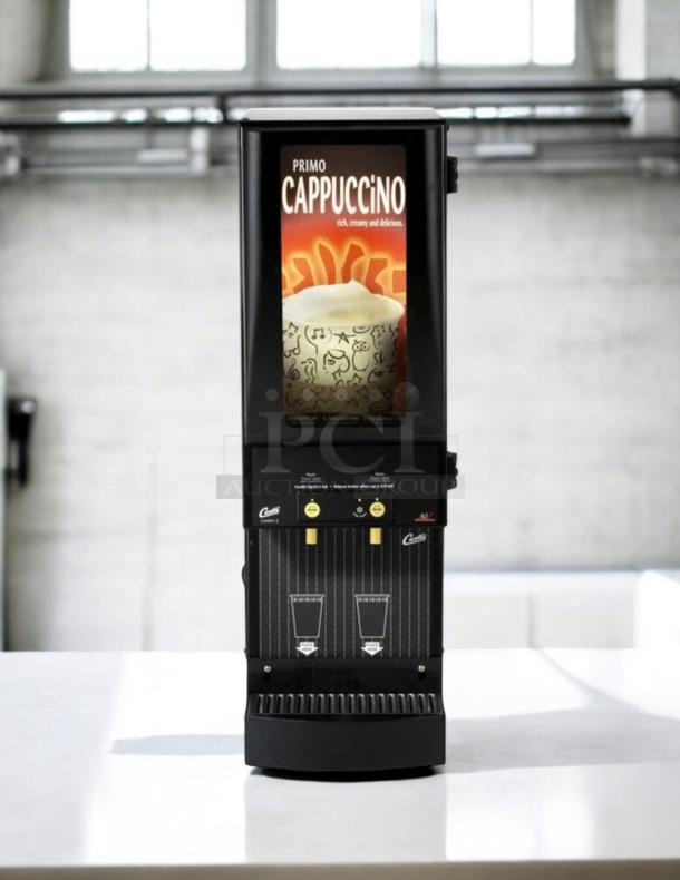 Curtis Primo PC2 Cappuccino Machine, two 4 lb. hoppers, lit sign, tested and working, ideal for cafes, 120V.