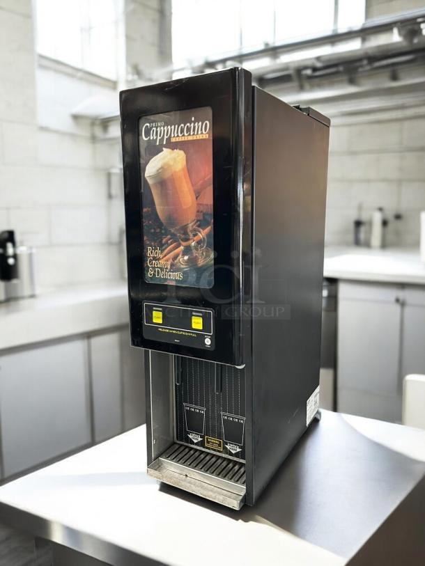 Curtis Primo PC2 Cappuccino Machine, two 4 lb. hoppers, lit sign, tested and working, ideal for cafes, 120V.