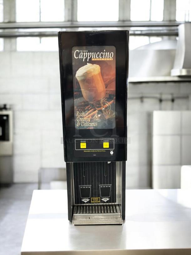 Curtis Primo PC2 cappuccino machine, two 4 lb. hoppers, lit sign, tested and working, ideal for cafes, 120V power.