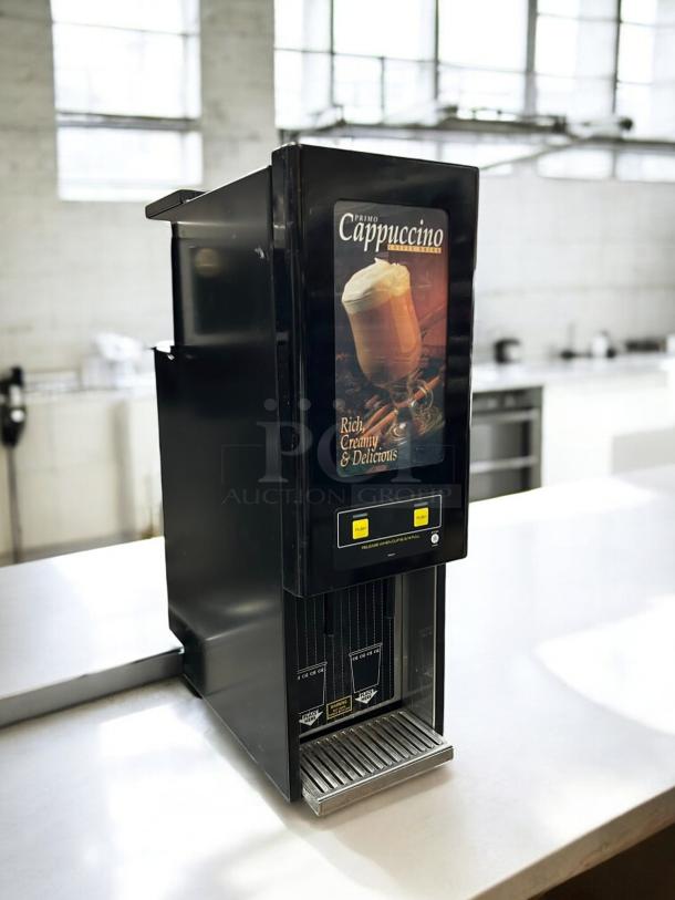 Curtis Primo PC2 cappuccino machine, black, two stations, two 4 lb. hoppers, lit sign, tested, working, ideal for cafes.