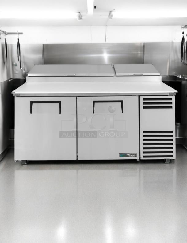 True TPP-AT-67-HC pizza prep table with refrigerated base, tested and working, 67 inches, stainless steel, 115v.