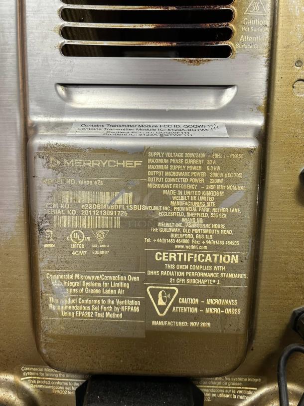 Merrychef eikon e1s countertop oven, tested and working. Certification and voltage details shown. Model: e2s.