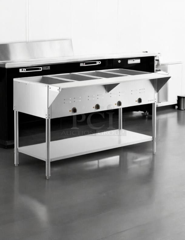 Avantco STE-4SA electric steam table, four-pan capacity, with undershelf and sneeze guard, in good condition, 120V.