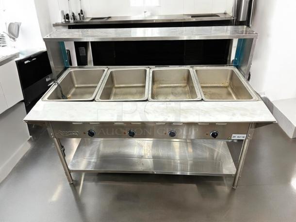 Avantco STE-4SA electric steam table, four pan, undershelf, sneezeguard, tested, working, stainless steel, good condition.