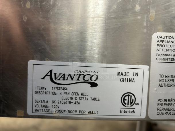 Avantco STE-4SA 4 Pan Electric Steam Table, in good condition, with undershelf & sneezeguard. 120V, 2000W, tested working.
