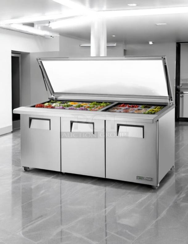 True Model TSSU-72-30M-B-ST-FGLID-HC salad prep cooler with glass lid, 3 sections, stainless steel, tested and working.
