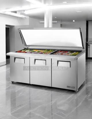 True Model TSSU-72-30M-B-ST-FGLID-HC salad prep cooler with glass lid, 3 sections, stainless steel, tested and working.