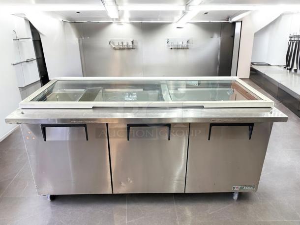 True Model TSSU-72-30M-B-ST-FGLID-HC 3 section mega top sandwich & salad prep cooler with glass lid, stainless steel, tested working.