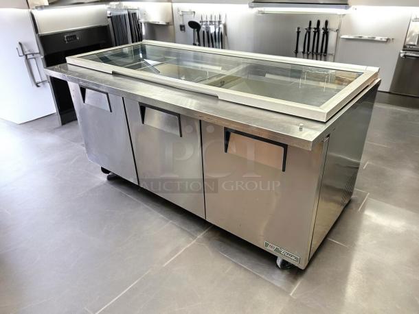 True Model TSSU-72-30M-B-ST-FGLID-HC prep cooler with glass lid, 3 sections, tested and working, stainless steel, 115v.