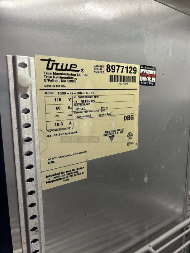 True Model TSSU-72-30M-B-ST Sandwich & Salad Prep Cooler label, 115v, 60Hz, Serial 8977129, Made in USA, tested and working.