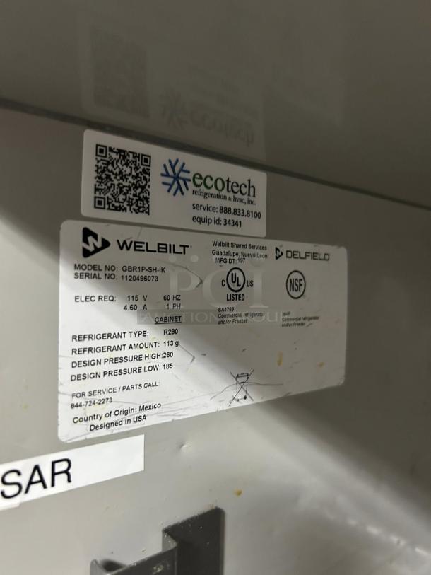 Delfield GBR1P-SH Coolscapes Reach-In Refrigerator, 115v, tested, working, great condition. Label shows model, serial, and specs.