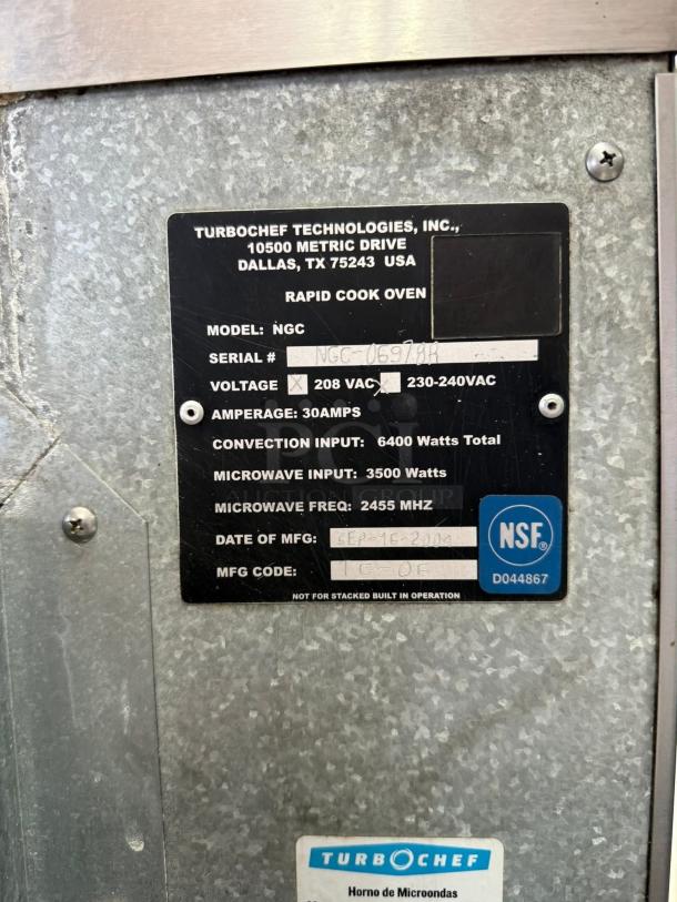 TurboChef NGC Tornado ventless rapid cook oven, tested and working, one-touch controls, model NGC, 208/240V, 1 Phase.