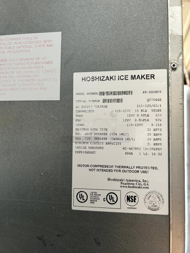 Hoshizaki KM-500MAH Crescent Cube Ice Machine, 500LB capacity, tested, working, excellent condition. UL, NSF certified.