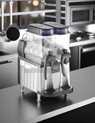 BUNN ULTRA-2 frozen beverage system, model 34000.0080, with 2 hoppers, silver, tested and working, on metal countertop.