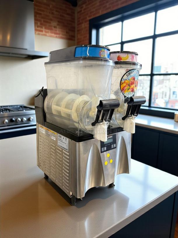 BUNN 34000.0080 ULTRA-2 frozen beverage system, dual hoppers, silver, tested and working, visible labels, on kitchen counter.