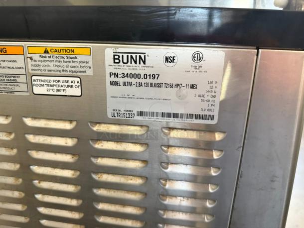 BUNN 34000.0080 ULTRA-2 frozen beverage system, silver, 2 hoppers, tested, working, labels showing model and specs.