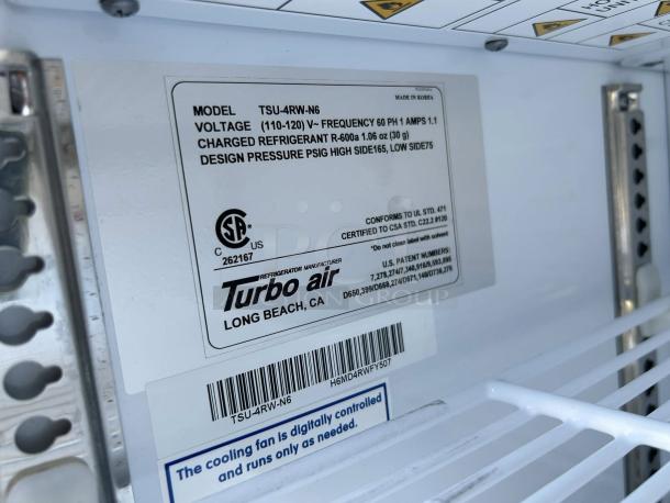 Turbo Air TSU-4RW-N6 vaccine fridge label; 115v, tested, working. Model, voltage, refrigerant, and certifications visible.