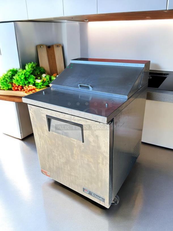 True TSSU-27-08 stainless steel refrigerated prep table, single door, for sandwich/salad, tested and working.