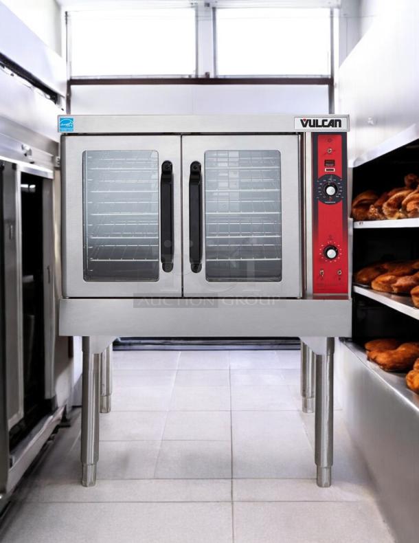 Vulcan VC4GD gas convection oven, 50,000 BTU, great condition, dual glass doors, tested, working, red and steel design.