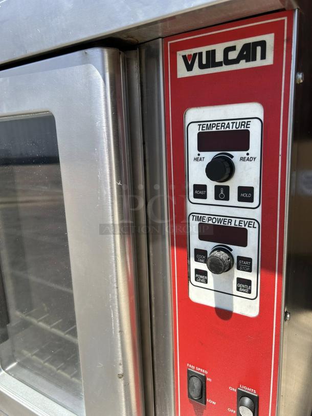 Vulcan VC4GD natural gas convection oven in great condition; 50,000 BTU, red control panel, temperature and power settings.