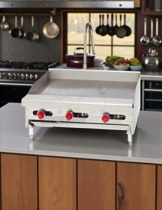 American Range ARMG-36-24, 36" countertop gas griddle with a 1" thick plate, red control knobs; tested and working.