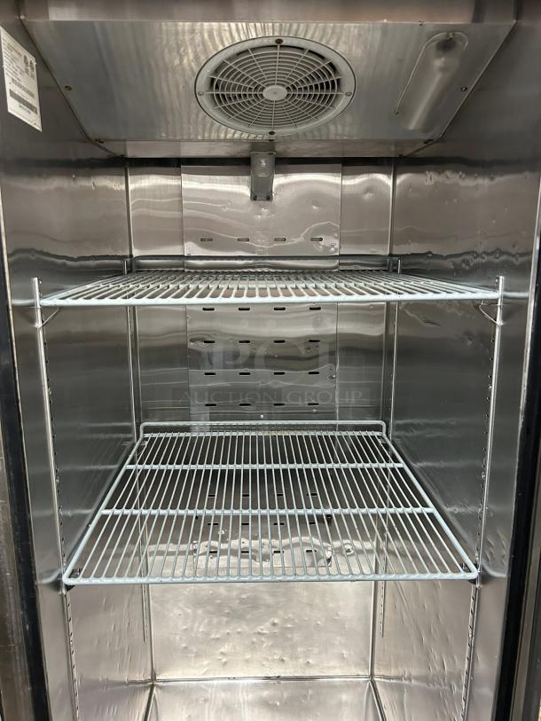 Atosa MBF8001GR 22.6 Cu.ft single door top mount reach-in freezer, stainless steel interior, 2 shelves, good condition.